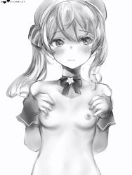 Rule 34 | 1girl, bad id, bad pixiv id, blush, breasts, choker, closed mouth, embarrassed, fingernails, greyscale, hair between eyes, hands up, hat, highres, hololive, hoshimachi suisei, hoshimachi suisei (old design), looking away, monochrome, nanashi (nlo), nipples, one side up, simple background, small breasts, solo, upper body, virtual youtuber, white background