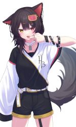 Rule 34 | 1girl, absurdres, animal ears, asymmetrical sleeves, black shirt, black shorts, blush, bracelet, brown hair, collar, dog ears, dog tail, ear piercing, eyewear on head, finger in own mouth, hair between eyes, hair ornament, hairclip, highres, inui toko, jewelry, long sleeves, looking at viewer, multiple rings, nenehotoso, nijisanji, open mouth, piercing, red eyes, ring, shirt, short shorts, short sleeves, shorts, simple background, solo, spiked bracelet, spiked collar, spikes, sunglasses, tail, tongue, tongue out, tongue piercing, two-tone shirt, uneven sleeves, virtual youtuber, white background, white collar, white shirt, yellow eyes