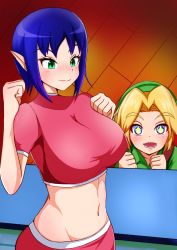 Rule 34 | 1boy, 1girl, blonde hair, blue eyes, blue hair, blush, bombchu bowling girl, breasts, closed mouth, counter, crop top, dot nose, eyebrows, eyelashes, green eyes, highres, honotomo7, large breasts, link, lower teeth only, midriff, navel, nintendo, open mouth, pink shirt, pointy ears, shirt, short hair, short sleeves, smile, sparkling eyes, teeth, the legend of zelda, the legend of zelda: majora&#039;s mask, the legend of zelda: ocarina of time, tongue, young link
