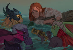 Rule 34 | 1boy, 3girls, :o, absurdres, black sclera, black skin, blonde hair, blue eyes, colored sclera, colored skin, fins, freckles, green skin, grey hair, gun, helmet, highres, holding, holding gun, holding weapon, league of legends, long hair, looking at another, mermaid, miss fortune (league of legends), monster girl, multiple girls, nami (league of legends), open mouth, red hair, shipwreck, short hair, suqling, water, weapon