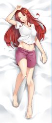 Rule 34 | 1girl, arm up, barefoot, bed sheet, breasts, brown eyes, cleavage, collarbone, commission, dakimakura (medium), from below, full body, hair ornament, head tilt, highres, large breasts, league of legends, leona (league of legends), long hair, looking at viewer, lulu-chan92, lying, midriff, navel, on back, open mouth, red hair, red shorts, shirt, short shorts, shorts, smile, solo, stomach, t-shirt, very long hair, white shirt