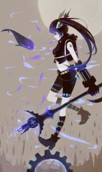 Rule 34 | 10s, 1girl, absurdres, adapted costume, ankle boots, argyle, asllence, black hair, black rock shooter, black rock shooter (character), blue eyes, boots, cropped jacket, fish, gears, highres, simple background, solo, staff, surreal, walking