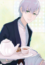Rule 34 | 1boy, alternate costume, ashe ubert, bad id, bad pixiv id, cookie, cup, fire emblem, fire emblem: three houses, food, freckles, gloves, green eyes, grey hair, male focus, nintendo, solo, teacup, teapot, upper body, ushiomi