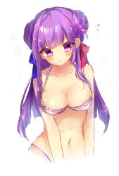 Rule 34 | 1girl, alternate hairstyle, bad id, bad pixiv id, bare arms, bare shoulders, bikini, blue ribbon, breasts, cleavage, double bun, flying sweatdrops, hair ribbon, halterneck, halterneck, highres, long hair, looking at viewer, medium breasts, navel, patchouli knowledge, purple bikini, purple eyes, purple hair, red ribbon, ribbon, shanghai bisu, simple background, sketch, solo, star (symbol), swimsuit, touhou, upper body, white background