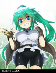 Rule 34 | 1girl, absurdres, blue eyes, breasts, collar, dated, duel monster, furumeta, gloves, green hair, hair ornament, highres, jacket, jewelry, large breasts, long hair, looking at viewer, ponytail, shorts, solo, staff, winda priestess of gusto, yu-gi-oh!