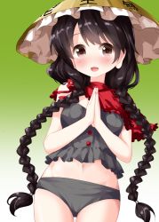 Rule 34 | 1girl, :d, adapted costume, ajirogasa, bare arms, bare shoulders, bikini, bikini top only, black hair, blush, braid, breasts, brown eyes, brown hat, capelet, commentary request, cowboy shot, earlobes, gradient background, green background, grey bikini, hat, highres, long earlobes, long hair, looking at viewer, low twintails, midriff, navel, open mouth, own hands together, palms together, red capelet, ruu (tksymkw), small breasts, smile, solo, standing, strapless, swimsuit, touhou, tube top, twin braids, twintails, very long hair, white background, yatadera narumi