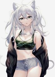 Rule 34 | 1girl, ahoge, animal ears, bare shoulders, black jacket, breasts, camouflage, cleavage, collarbone, cowboy shot, crop top, dolphin shorts, green eyes, green shirt, grey shorts, highres, hololive, jacket, kawachi rin, lion ears, lion girl, lion tail, long hair, long sleeves, looking at viewer, medium breasts, midriff, navel, off shoulder, open clothes, open jacket, parted lips, revealing clothes, shirt, shishiro botan, short shorts, shorts, sleeveless, sleeveless shirt, solo, sports bra, tail, two side up, virtual youtuber, white hair