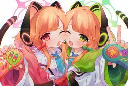 Rule 34 | 2girls, :o, animal ear headphones, animal ears, blue archive, blue necktie, blush, bow, cat ear headphones, cheek-to-cheek, commentary request, controller, dot nose, fake animal ears, green bow, green eyes, green halo, green jacket, hair bow, halo, headphones, heads together, highres, holding, holding controller, jacket, low-tied sidelocks, midori (blue archive), momoi (blue archive), multicolored clothes, multicolored jacket, multiple girls, necktie, one eye closed, open mouth, orange hair, pink bow, pink halo, pink jacket, red eyes, shirt, short hair, siblings, simple background, sisters, takumi mizuki, twins, upper body, v-shaped eyebrows, white background, white shirt