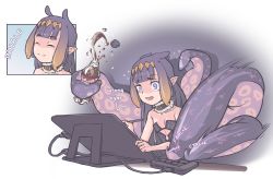 Rule 34 | 1girl, absurdres, black dress, blunt bangs, bottle, bottle cap, cable, collar, drawing tablet, dress, highres, hololive, hololive english, jarv, keypad, ninomae ina&#039;nis, ninomae ina&#039;nis (1st costume), pointy ears, purple hair, smile, solo, strapless, strapless dress, stylus, tentacle hair, tentacles, virtual youtuber