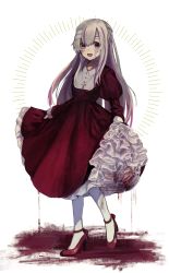Rule 34 | 1girl, :d, ankle strap, bandaged head, bandages, blood, blood on clothes, collared dress, cross, cross necklace, dress, full body, grey hair, hair between eyes, high heels, highres, jewelry, juliet sleeves, latin cross, lolita fashion, long sleeves, multicolored hair, necklace, open mouth, original, pantyhose, puffy sleeves, purple eyes, purple hair, red dress, red footwear, shoes, skirt hold, smile, solo, standing, standing on one leg, strappy heels, streaked hair, white background, white pantyhose, yumegi (bitter orange215)