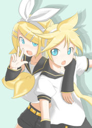 Rule 34 | 1boy, 1girl, blonde hair, blue eyes, brother and sister, futaba no taiko, kagamine len, kagamine rin, necktie, no nose, siblings, tooru0908, twins, v, vocaloid, yellow necktie
