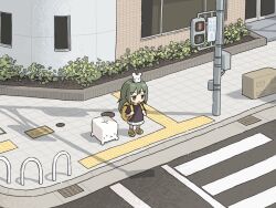 Rule 34 | 1girl, animal, animal on head, backpack, bag, black eyes, black skirt, building, city, closed mouth, creature, crosswalk, day, green hair, highres, holding strap, jitome, light smile, long hair, looking ahead, mouse, nezutako, on head, original, outdoors, planter, pleated skirt, scenery, shadow, shoes, sidewalk, skirt, solo, tactile paving, tooth, urban, white skirt, wide shot, yellow bag, yellow footwear