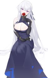 Rule 34 | 1girl, absurdres, azur lane, bare shoulders, belfast (azur lane), belfast (the noble attendant) (azur lane), black gloves, blue dress, blue ribbon, blush, bracelet, breasts, chain, chain necklace, cleavage, covering own mouth, dress, elbow gloves, flower, gloves, hair ribbon, head tilt, highres, holding, holding flower, jewelry, long hair, looking at viewer, marumai, medium breasts, necklace, official alternate costume, purple eyes, red flower, red rose, ribbon, rose, sitting, solo, very long hair, white background, white hair