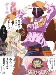 Rule 34 | 2girls, 3boys, :i, absurdres, alternate costume, bad id, bad twitter id, bakemonogatari, beard, black hair, blonde hair, blush, bondrewd, brown hair, brown headwear, cabbie hat, cartridge (made in abyss), closed mouth, commentary request, cosplay, covered face, crossdressing, dated, dress, facial hair, glasses, green eyes, habolg (made in abyss), hat, highres, hisatago, jacket, jacket on shoulders, lafy (made in abyss), made in abyss, mask, masked, medium bangs, monogatari (series), multiple boys, multiple girls, open mouth, pink shirt, regu (made in abyss), riko (made in abyss), sengoku nadeko, sengoku nadeko (cosplay), shirt, smile, translation request, upper body, whistle, whistle around neck, white background, white dress, white shirt, yellow eyes