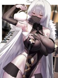 Rule 34 | 1girl, absurdres, armpits, bare shoulders, black gloves, breasts, bridal gauntlets, cup, dragon print, elbow gloves, fur trim, gloves, highres, holding, holding cup, jihua tong, large breasts, long hair, looking at viewer, mouth veil, navel, original, see-through, smile, solo, sweat, teacup, teapot, veil, very long hair, white hair, yellow eyes
