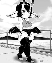 Rule 34 | 1girl, absurdres, bracelet, breasts, clothes writing, commentary, crop top, crossed bangs, cutoffs, demon girl, demon wings, earrings, english commentary, full body, greyscale, high contrast, highres, horns, jewelry, long pointy ears, low wings, medium breasts, monochrome, mountainous horizon, narrow waist, ocean, original, pier, pointy ears, shoes, short hair, shortstack, skin-covered horns, sneakers, solo, speedl00ver, spiked bracelet, spikes, thick thighs, thighhighs, thighs, walking, wide hips, wings