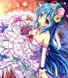 Rule 34 | 1girl, :d, blue hair, blush, bouquet, bow, breasts, choker, cleavage, detached sleeves, dress, female focus, flower, food, frills, from above, fruit, gem, hair flower, hair ornament, highres, hinanawi tenshi, hoshi no gen, leaf, long hair, open mouth, orange eyes, peach, petals, red eyes, ribbon, rose, sitting, smile, solo, tiara, touhou, very long hair, wedding dress