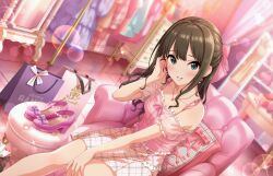 Rule 34 | 1girl, bare shoulders, blush, bow, brown hair, chair, collarbone, earrings, game cg, gift, green eyes, idolmaster, idolmaster cinderella girls, idolmaster cinderella girls starlight stage, jewelry, lens flare, long hair, looking at viewer, mirror, necklace, non-web source, official art, plaid, ribbon, shibuya rin, sitting, smile, solo