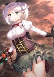 Rule 34 | 10s, 1girl, black gloves, black ribbon, blush, boots, breasts, brown socks, center frills, ciel alencon, closed mouth, cloud, cloudy sky, commentary request, corset, cross-laced clothes, day, dutch angle, frilled shirt, frills, gloves, god eater, god eater 2: rage burst, green skirt, hair ribbon, hair rings, highres, holding, holding weapon, juliet sleeves, knee boots, kneehighs, large breasts, layered skirt, leg up, long sleeves, meme attire, neck ribbon, outdoors, outstretched arm, puffy sleeves, purple footwear, red ribbon, reuri (tjux4555), ribbon, ruins, shirt, short hair, skirt, sky, smile, socks, solo, telstar, thighs, twintails, underbust, weapon, white shirt