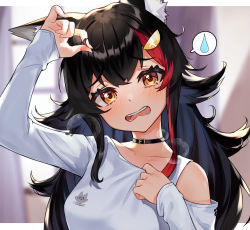 Rule 34 | 1girl, absurdres, animal ear fluff, animal ears, black choker, black hair, blurry, blurry background, blush, breasts, breath, choker, clothing cutout, commentary, commentary request, curtains, eyelashes, hair ornament, head tilt, highres, holding, holding own hair, hololive, indoors, long hair, long sleeves, looking at viewer, medium breasts, multicolored hair, narita tamezou, ookami mio, ookami mio (casual), open mouth, orange eyes, red hair, shirt, shoulder cutout, solo, spoken sweatdrop, streaked hair, sweatdrop, symbol-only commentary, tareme, two-tone hair, upper body, virtual youtuber, wavy mouth, white shirt, window, wolf ears
