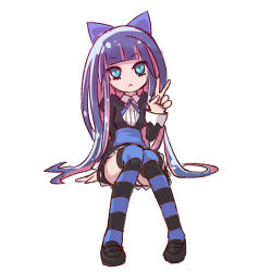 Rule 34 | 10s, 1girl, :&gt;, blue eyes, blue ribbon, blunt bangs, bow, coffee (ecafree2), hair bow, hair ornament, highres, multicolored hair, panty &amp; stocking with garterbelt, purple hair, ribbon, simple background, sitting, socks, solo, stocking (psg), striped clothes, striped socks, thighhighs, v, white background, zettai ryouiki