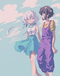 Rule 34 | 2girls, bare arms, black hair, blouse, blue eyes, blue skirt, blue sky, cloud, collarbone, commentary request, feet out of frame, floating hair, flower, hair flower, hair ornament, highres, konno junko, light blush, long hair, looking at another, low twintails, mizuno ai, multiple girls, open mouth, outdoors, overalls, plaid, plaid shirt, profile, purple eyes, purple overalls, shirt, short hair, short sleeves, skirt, sky, sleeveless, sleeveless shirt, smile, twintails, uruba, walking, white hair, white shirt, yellow flower, zombie land saga