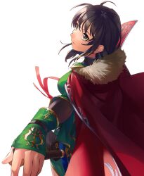 Rule 34 | 1girl, asagi (banzoku210), black hair, cape, closed mouth, dress, earrings, fire emblem, fire emblem: thracia 776, fire emblem heroes, fur-trimmed cape, fur trim, green dress, grey eyes, highres, holding, holding sword, holding weapon, jewelry, looking at viewer, mareeta (fire emblem), nintendo, official alternate costume, red cape, short hair, simple background, solo, sword, weapon, white background