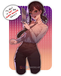 Rule 34 | 1girl, artist name, black eyes, black hair, black necktie, black pants, border, bright pupils, chainsaw man, clenched hand, collared shirt, commentary, cropped legs, english commentary, english text, eyelashes, gradient background, hair ornament, hairclip, higashiyama kobeni, holding, holding knife, inhoso, instagram logo, knife, long sleeves, looking at viewer, medium hair, meme, mole, mole under eye, mole under mouth, multiple moles, necktie, nervous, open mouth, outside border, pants, patreon logo, polka dot, polka dot background, red lips, shirt, shirt tucked in, short ponytail, side ponytail, sloppy blowjob devil (meme), solo, speech bubble, sweat, nervous sweating, teeth, twitter logo, white border, white pupils, white shirt