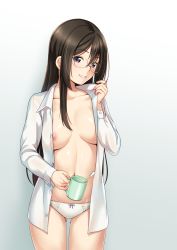 Rule 34 | 1girl, :d, black hair, blush, breasts, breasts apart, collarbone, collared shirt, cowboy shot, cup, dress shirt, glasses, gluteal fold, gradient background, grey background, grin, hair between eyes, head tilt, highres, holding, holding cup, jakelian, large breasts, long hair, long sleeves, looking at viewer, navel, nipple slip, nipples, no bra, open clothes, open mouth, open shirt, original, panties, purple eyes, shirt, smile, solo, standing, thighs, toothbrush, unbuttoned, unbuttoned shirt, underwear, white panties, wing collar