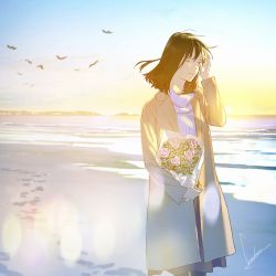 Rule 34 | 1girl, artist name, beach, bird, bouquet, brown hair, coat, commentary request, flock, flower, footprints, hand up, holding, long sleeves, loundraw, medium hair, ocean, one eye closed, original, parted lips, pink flower, pink rose, rose, sand, signature, smile, solo, sweater