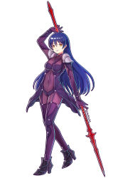 Rule 34 | 1girl, blue hair, bodysuit, cosplay, covered navel, fate/grand order, fate (series), full body, high heels, kelinch1, long hair, looking at viewer, love live!, love live! school idol project, orange eyes, parted lips, polearm, purple bodysuit, scathach (fate), scathach (fate) (cosplay), scathach (fate), shoulder pads, smile, solo, sonoda umi, standing, twitter username, weapon