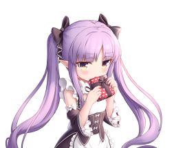 Rule 34 | 1girl, box, breasts, cementite, heart, highres, holding, holding box, kyoka (princess connect!), long hair, maid, nervous, pointy ears, princess connect!, purple eyes, purple hair, simple background, small breasts, solo, twintails, upper body, valentine, very long hair, white background, yellow eyes