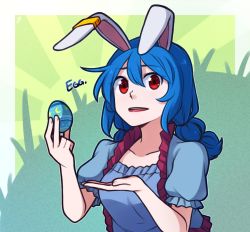 Rule 34 | 1girl, animal ears, blue dress, blue hair, commentary, dress, earclip, easter egg, egg, english commentary, english text, food, hair between eyes, holding, holding egg, holding food, long hair, looking at viewer, low twintails, open mouth, puffy short sleeves, puffy sleeves, rabbit ears, red eyes, seiran (touhou), short sleeves, solo, speckticuls, touhou, twintails, upper body