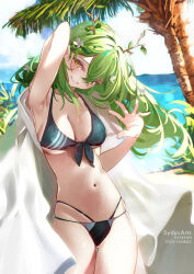Rule 34 | 1girl, beach, bikini, breasts, ceres fauna, green hair, grin, holding, holding towel, hololive, hololive english, large breasts, long hair, looking at viewer, mole, mole under eye, navel, ocean, palm tree, sky, smile, solo, stomach, swimsuit, sydus, thigh gap, towel, tree, virtual youtuber, yellow eyes
