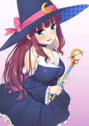 Rule 34 | 10s, 1girl, blue eyes, blush, breasts, brown hair, cleavage, detached sleeves, dress, eyebrows, frilled dress, frilled sleeves, frills, gradient background, hat, holding, holding wand, long hair, looking at viewer, md5 mismatch, mikazuchi zeus, new game!, resolution mismatch, sidelocks, simple background, solo, source smaller, takimoto hifumi, wand