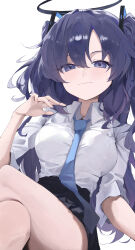 Rule 34 | 1girl, absurdres, black halo, blue archive, blue necktie, blush, collared shirt, commentary, halo, highres, long hair, looking at viewer, necktie, ninney5, purple eyes, purple hair, shirt, solo, triangle hair ornament, twintails, white background, white shirt, yuuka (blue archive)