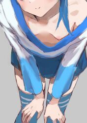 Rule 34 | 1girl, absurdres, blue hair, blue shirt, blue skirt, blue thighhighs, breasts, closed mouth, collarbone, downblouse, grey background, head out of frame, highres, hirogaru sky! precure, labotamochi, leaning forward, long sleeves, medium hair, nipples, precure, shirt, simple background, skirt, small breasts, smile, solo, sora harewataru, thighhighs, two-tone shirt, white shirt
