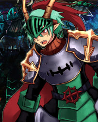 Rule 34 | 1boy, alternate color, armor, breastplate, cape, commentary request, cowboy shot, cross, emon-yu, green armor, green hair, horns, leg armor, looking to the side, lord knight (ragnarok online), open mouth, pauldrons, plume, pointy ears, ragnarok online, red cape, red eyes, short hair, shoulder armor, solo, teeth, upper teeth only, visor (armor)