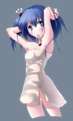 Rule 34 | 1girl, adjusting hair, arms up, bad anatomy, blue eyes, blue hair, censored, cropped legs, female focus, grey background, hair bobbles, hair ornament, highres, kawashiro nitori, matching hair/eyes, mouth hold, naked towel, novelty censor, short hair, solo, tama (pixiv), tama (speedgrapher), touhou, towel, twintails, two side up