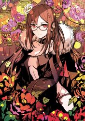 Rule 34 | 1girl, black dress, breasts, brown hair, center opening, choker, cleavage, closed mouth, collarbone, commentary request, dress, earrings, fate/grand order, fate (series), flower, fur trim, glasses, highres, jacket, jewelry, long hair, looking at viewer, medium breasts, red eyes, rioka (southern blue sky), smile, solo, strapless, strapless dress, yu mei-ren (fate)