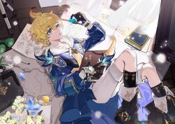 Rule 34 | 1boy, amber (genshin impact), bag, black gloves, blonde hair, blue eyes, blue jacket, blue sleeves, book, boots, crystal, curtains, drawing, earrings, eula (genshin impact), feathers, flower, furrowed brow, gem, genshin impact, gloves, hair between eyes, highres, holding, holding book, holding gem, indoors, jacket, jean (genshin impact), jewelry, kaeya (genshin impact), lisa (genshin impact), long sleeves, looking at object, lotus pod, lying, male focus, mika (genshin impact), mushroom, on back, paper, parted lips, shorts, white flower, white shorts, window, youliangzhi