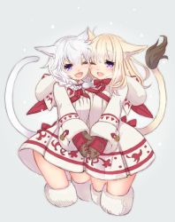 Rule 34 | 10s, 2girls, ;d, animal ears, blonde hair, bow, bowtie, braid, breasts, breath, cat ears, cat tail, cheek-to-cheek, closed eyes, cropped legs, dress, eyelashes, facial mark, final fantasy, final fantasy xiv, fur trim, grey background, heads together, holding hands, long sleeves, matching outfits, miqo&#039;te, mittens, multiple girls, one eye closed, open mouth, purple eyes, red bow, red bowtie, ren-co, short dress, simple background, small breasts, smile, snowing, tail, twin braids, warrior of light (ff14), white dress, white hair, white legwear, winter, winter clothes