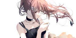 1girl aha1027 bare_arms black_choker black_dress breasts brown_eyes brown_hair choker cigarette collarbone cross cross_necklace dress earrings from_side high_ponytail highres holding holding_lighter jewelry lighter long_hair looking_to_the_side medium_breasts minakami_yuki necklace shadow simple_background sleeveless sleeveless_dress smoking solo subarashiki_hibi upper_body white_background