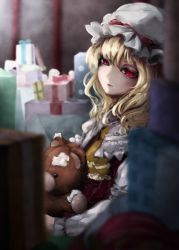 Rule 34 | 1girl, blonde hair, blouse, blurry, collared shirt, curly hair, depth of field, dress, flandre scarlet, gift, grey shirt, hair between eyes, hat, hat ribbon, highres, interior, long hair, long sleeves, looking at viewer, mizuhichi, mob cap, parted lips, pink lips, red dress, red eyes, ribbon, ribbon-trimmed clothes, ribbon trim, shirt, solo, stuffed animal, stuffed toy, tagme, teddy bear, touhou, upper body, white hat