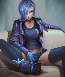 Rule 34 | 1girl, aqua eyes, blue gloves, blue hair, blue thighhighs, boots, breasts, couch, dantewontdie, denim, denim shorts, female focus, gloves, hair over one eye, highres, jacket, lips, long hair, looking at viewer, luna (my little pony), midriff, my little pony, my little pony: friendship is magic, navel, personification, shorts, sitting, solo, spread legs, tank top, thighhighs