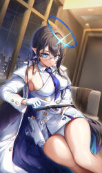 Rule 34 | 1girl, absurdres, black hair, blue archive, blue eyes, blue hair, blue halo, breasts, coat, colored inner hair, dress, earrings, feet out of frame, glasses, gloves, halo, highres, holding, holding tablet pc, indoors, jewelry, large breasts, long hair, long sleeves, looking at viewer, multicolored hair, norimori, open clothes, open coat, open mouth, pointy ears, rin (blue archive), sideboob, sleeveless, sleeveless dress, solo, tablet pc, white coat, white dress, white gloves