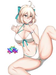 Rule 34 | 1girl, ahoge, blonde hair, blush, bracelet, breasts, fate/grand order, fate (series), highres, jewelry, kurokobokujo, medium breasts, nose blush, okita j. souji (fate), okita j. souji (third ascension) (fate), okita souji (fate), okita souji (koha-ace), saint quartz (fate), simple background, smile, solo, spread legs, swimsuit, white background, yellow eyes