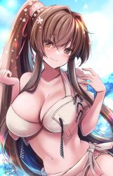 Rule 34 | 1girl, absurdres, artist name, bare arms, bare shoulders, bikini, blush, breasts, brown eyes, brown hair, cleavage, closed mouth, collarbone, dated, flower, hair between eyes, hair flower, hair ornament, highres, kantai collection, large breasts, long hair, mashiro yukiya, navel, pink flower, ponytail, signature, smile, solo, swimsuit, upper body, very long hair, white bikini, yamato (kancolle)