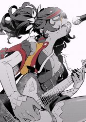 Rule 34 | 1girl, absurdres, artist name, black nails, breasts, cleavage, cowboy shot, electric guitar, genshin impact, guitar, hair over eyes, highres, instrument, kyouyasai4423, limited palette, multicolored hair, music, nail polish, open clothes, open mouth, playing instrument, small breasts, solo, spot color, streaked hair, sweat, teeth, twintails, upper teeth only, xinyan (genshin impact)