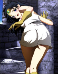 Rule 34 | 1girl, ass, bare shoulders, bent over, black hair, blue eyes, blush, breasts, chunsoft, dragon quest, dragon quest iii, dress, enix, female focus, gloves, highres, indoors, long hair, looking back, open mouth, roto (dq3), short hair, sky, solo, stairs, yadokari genpachirou